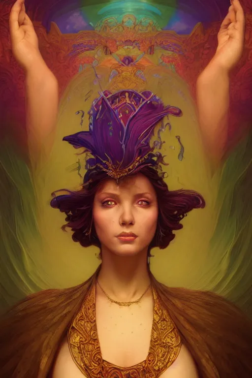 Prompt: portrait of a beautiful sorceress by artgerm, vivid color, complementary color, golden ratio, detailed, sharp lines, sharp focus, intricate, rainbowshift, by maxfield parrish, by peter mohrbacher, by gustave dore, by alphonse mucha, deviantart, octane render