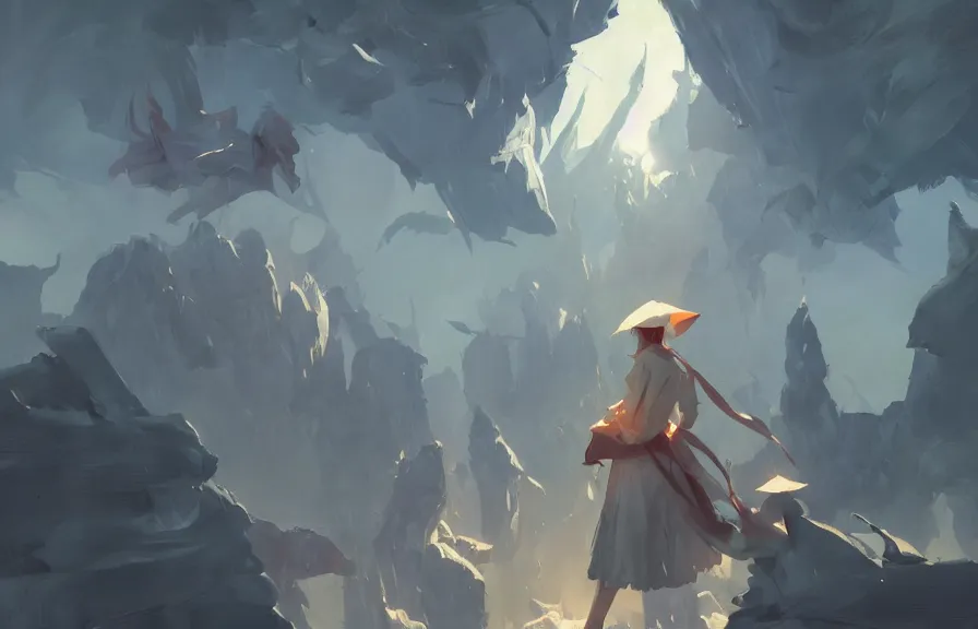 Image similar to greg manchess concept art of a the origami dimension, key visual, ambient lighting, highly detailed, digital painting, artstation, concept art, sharp focus, by makoto shinkai and akihiko yoshida and hidari and wlop and greg rutkowski