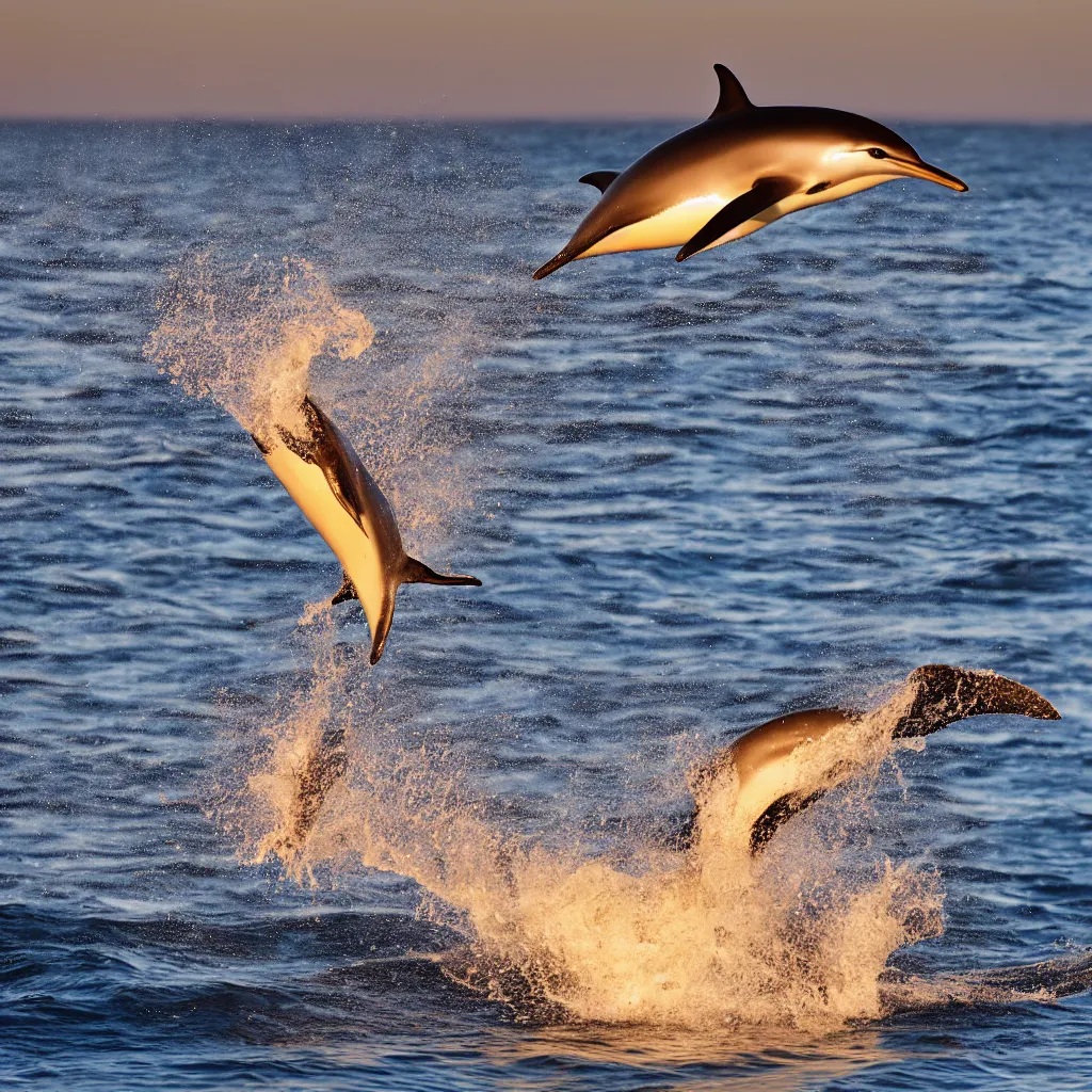 Prompt: majestic common dolphin leaping above a wave, golden hour, realistic photo