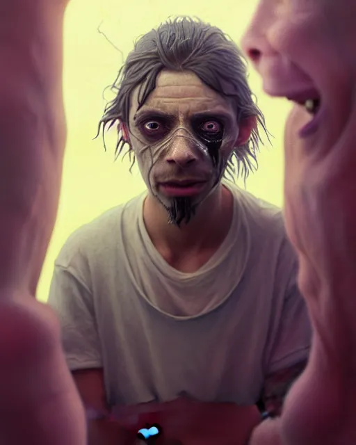 Image similar to highly detailed surreal vfx portrait of a crack cocaine heroin addict, eye bags, grime, unkempt, depression stephen bliss, unreal engine, greg rutkowski, loish, rhads, beeple, makoto shinkai and lois van baarle, ilya kuvshinov, rossdraws, tom bagshaw, alphonse mucha,