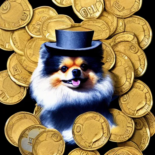 Image similar to A pomeranian wearing a top-hat, sitting on top of a large pile of gold coins