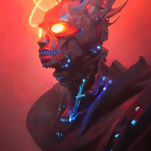 Image similar to a portrait of a demonic cybernetic duke of hell, cyberpunk concept art by pete mohrbacher and wlop and artgerm and josan gonzales, digital art, highly detailed, intricate, sci-fi, sharp focus, Trending on Artstation HQ, deviantart, unreal engine 5, 4K UHD image