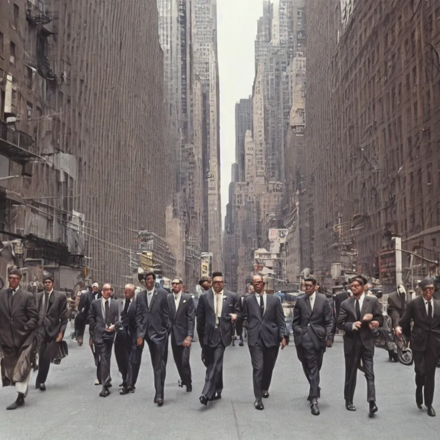 Image similar to a group of men walking down a street next to tall buildings in new york, ultra detailed hyper realistic lifelike, photographed on colour film, 1 9 6 0 s, photo taken with ektachrome, featured on flickr, film grain