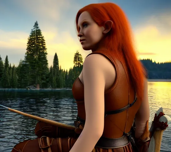 Image similar to beautiful female redhead elf warrior wearing tanned leather and a longbow and quiver on her back, sitting next to a beautiful lake at sunset, enjoying the wind, looking at the water. 8 k ultra realistic, award winning, unreal engine 5, masterpiece, atmosphere glow, hyperrealistic, focused, extreme details, cinematic