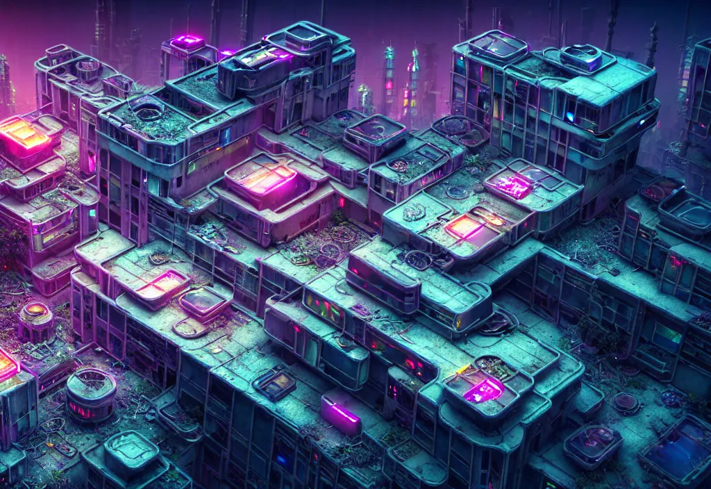 Image similar to A highly detailed crisp unreal engine render of aerial drone photo of A beautiful futuristic cyberpunk abandoned dystopia city building with neon fine lights, plants allover , godray, sunlight breaking through clouds, clouds, debris on the ground, abandoned machines bright colors, isometric, nitid horizon, factory by wangchen-cg, 王琛,Neil blevins, artstation, Gediminas Pranckevicius