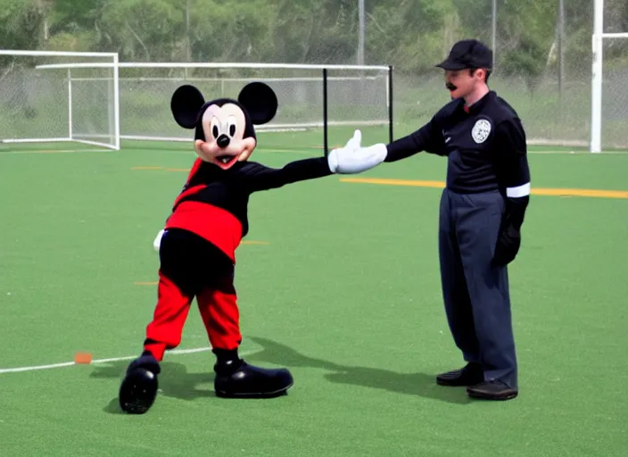 Prompt: a photo of mickey mouse as a referee at a childrens soccer game, 4 k