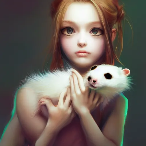 Image similar to girl holding a ferret, digital art, by Yoshitaka Amano, trending on artstation, 4k, highly detailed