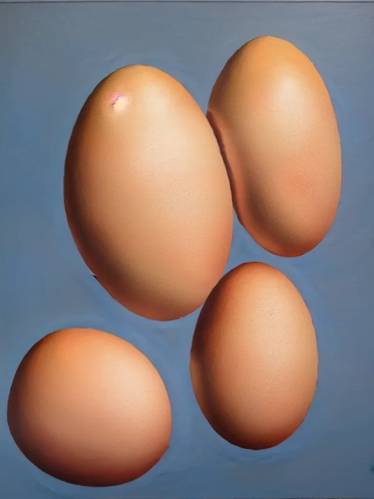Image similar to a perfect hyperrealist painting of an egg, and a human hatching out. the human has eight arms and each finger is as long as the whole egg. broken eggshell shrapnel is causing some trauma.