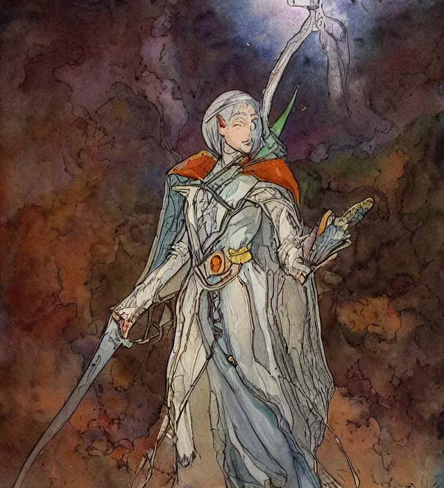 Prompt: a 3 / 4 view watercolor ink painting of an elf cleric / wizard wandering a ringworld bringing miracles in the style of jean giraud in the style of moebius trending on artstation deviantart pinterest detailed realistic hd 8 k high resolution