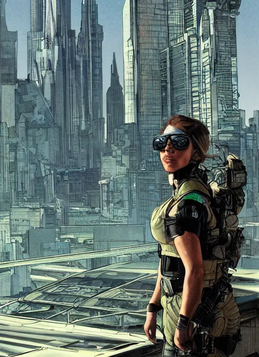 Image similar to Dinah. USN special forces operator looking at city skyline. Futuristic stealth suit. mgs and rb6s Concept art by James Gurney, Alphonso Mucha, matt rhodes.