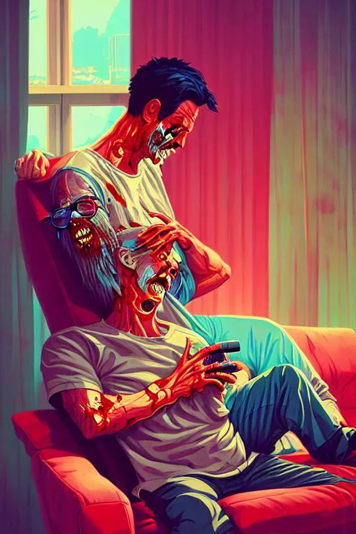 Image similar to a zombie dad sitting on the couch and watching tv, tristan eaton, victo ngai, artgerm, rhads, ross draws