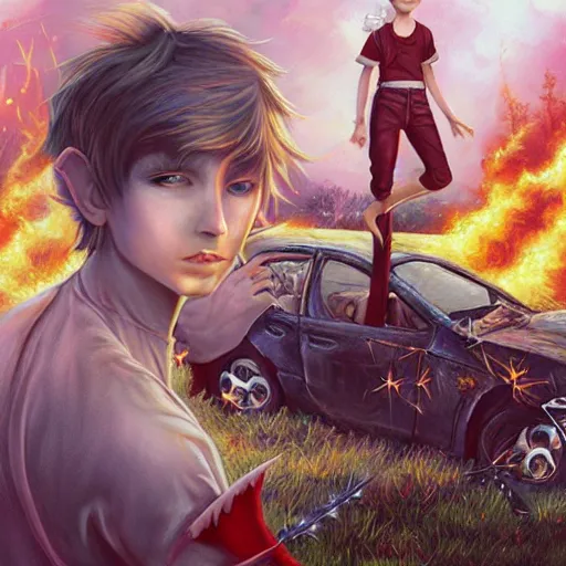 Prompt: a skinny teen boy as a fantasy elf with spiky blonde hair wearing dark brown overalls and holding a firecracker standing next to a destroyed car, painting by artgerm