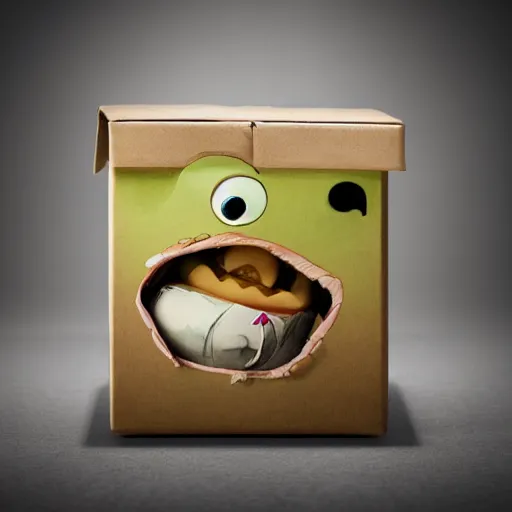 Image similar to cute monster in a box by Greg Rutkowski, product photography, centered, studio lightning