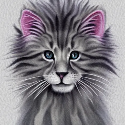 Image similar to cute fluffy grey tabby kitten with long colorful flowing lion mane with mohawk hairstyle hybrid animal detailed painting 4 k