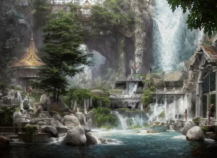 Prompt: A bathhouse with waterfalls in a beautiful elven city made of white marble, anime, lush trees, fountain, a fantasy digital painting by Greg Rutkowski and James Gurney, trending on Artstation, highly detailed