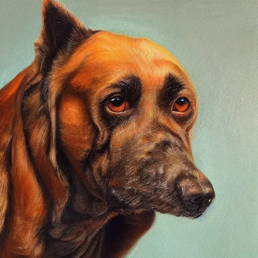 Image similar to Slavic dog head man, oil painting, full-length hyperrealism, beautiful, high resolution, trending on artstation,