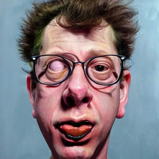 Image similar to high quality high detail painting of todd solondz portrait, tripping on lsd, showing strong fear, by lucian freud and francis bacon, hd, photorealistic lighting