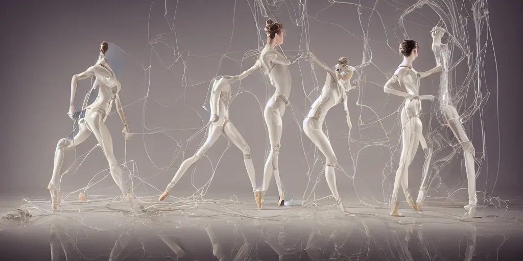 Prompt: delicate glass and wired androids standing in a catastrophe ballet, porcelain, ivory, latex, photorealism, wide angle, cinematic atmosphere, elaborate, highly detailed, ornate, shiny, dramatic lighting, octane render, by Peter Kemp,-H 1024