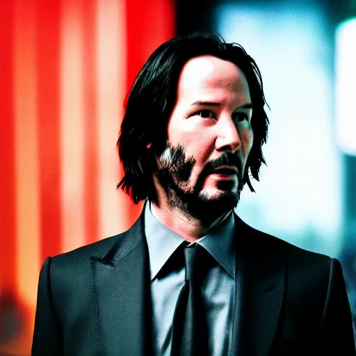 Image similar to a still of Keanu Reeves. Shallow depth of field. City at night in background, lights, colours ,studio lighting, mood, 4K. Profession photography