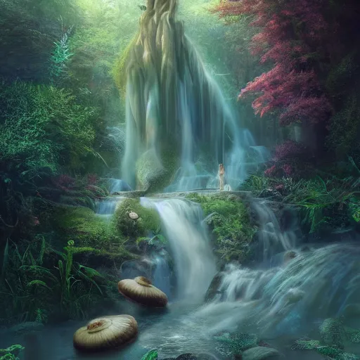 Prompt: tom bagshaw, soft painting render curiosities carnival pond river vegetation rocks bugs wildlife mushrooms covered moss bioluminescent wisps, beautiful stunning waterfall, accurate features, focus, very intricate ultrafine details, random volumetric lighting, fog, award winning masterpiece, octane render 8 k hd, artstation