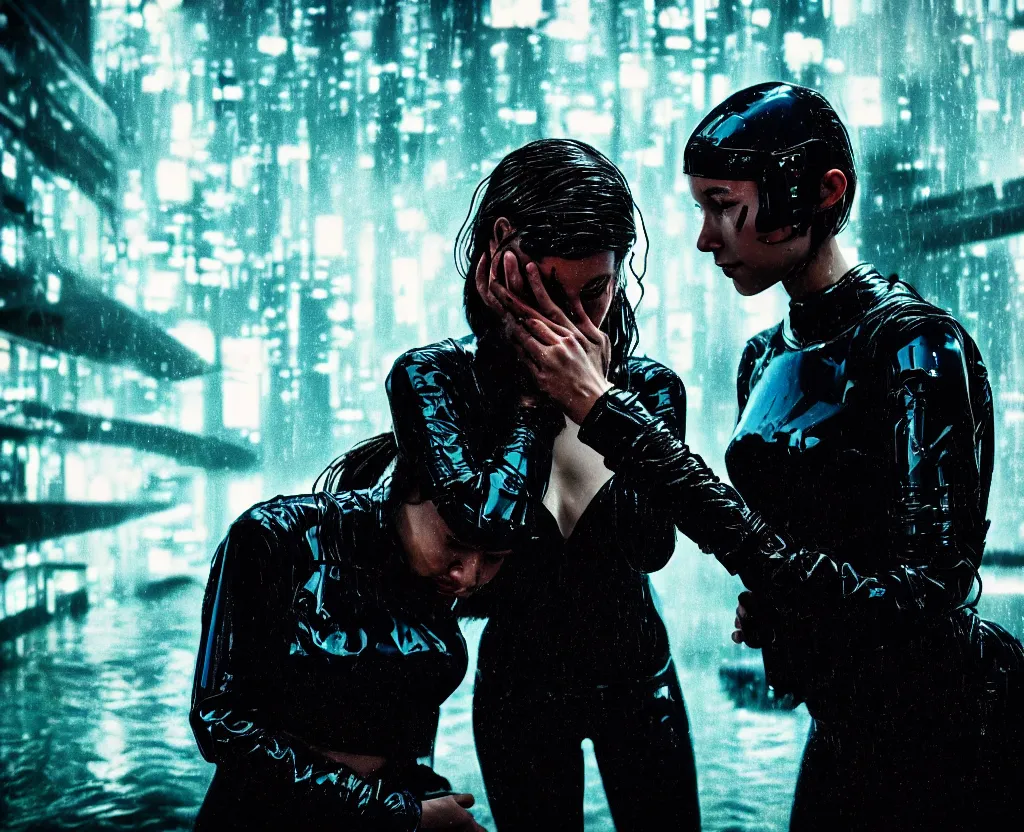 Image similar to cinestill 5 0 d candid photographic portrait by steven spielberg of two loving female androids sobbing wearing rugged black mesh techwear in treacherous waters, flooded city, medium closeup, retrofuturism cyberpunk moody emotional cinematic, pouring iridescent rain bright spotlight helicopter, 8 k, hd, high resolution, 3 5 mm, f / 3 2, ultra realistic faces, ex machina