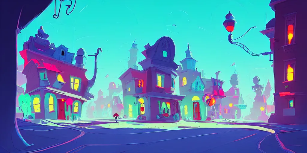 Image similar to curved perspective digital art of a summer small town street from nightmare before christmas by anton fadeev