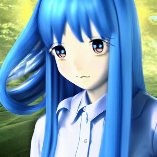 Image similar to a girl with long blue hair wearing a school uniform, computer graphics by Miyazaki, featured on pixiv, holography, official art, full body, 3d