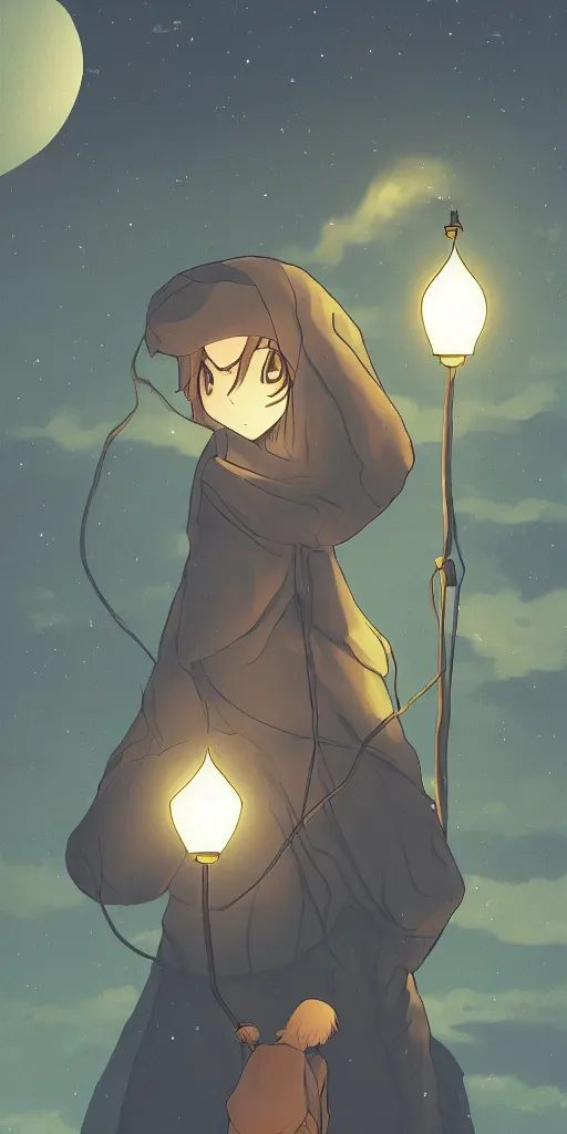 Image similar to a hermit on a mountain with a lamp darkness all around except for the lamp drawn like Watamote anime, fr, tarot card The hermit,