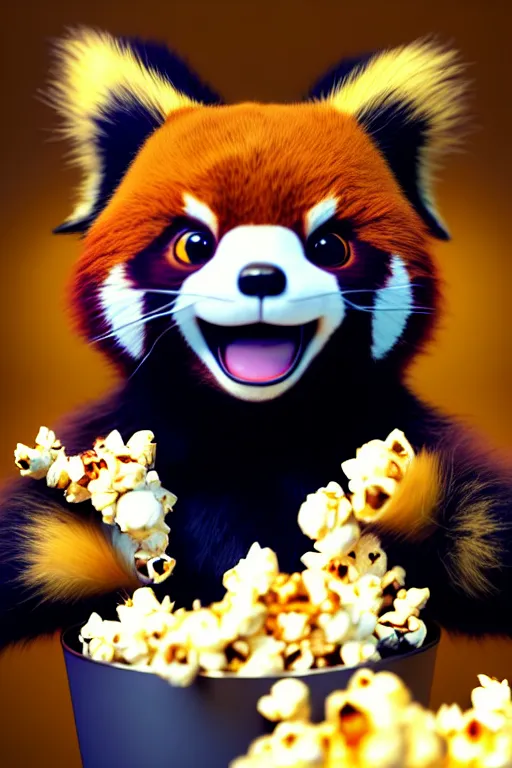 Image similar to high quality 3 d render hyperrealist very cute gothic happy red panda & koala hybrid eating popcorn, vray smooth, detective pikachu, very dramatic light, low angle, uhd 8 k, shallow depth or field