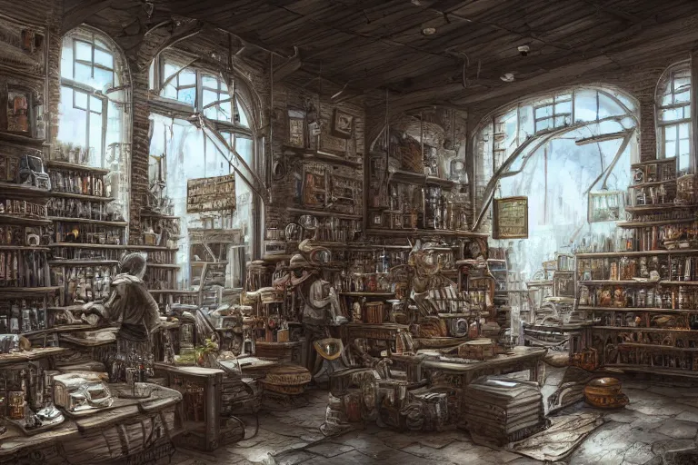 Image similar to A general goods store viewed from the inside, texture, intricate, details, highly detailed, masterpiece, architecture, building, trending on artstation, focus, sharp focus, concept art, digital painting, fantasy, sunny, day, midday, in the style of Dungeons and Dragons