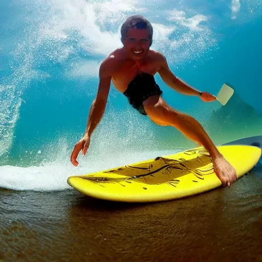 Image similar to real life spongebob, surfing in the sea