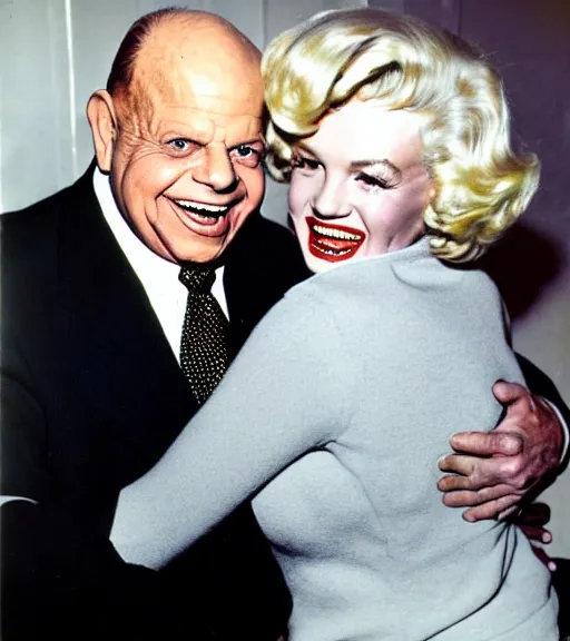 Image similar to Don Rickles hugging marlin monroe, color photo,