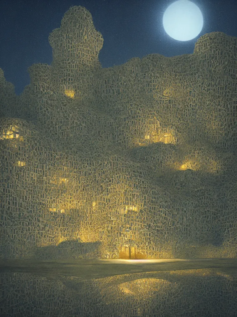 Image similar to the only building hovering over a deserted oasis on a moonlit night in the style of peter merzbacher and jacek yerka, vague picturesque illumination of three - dimensional water bodies