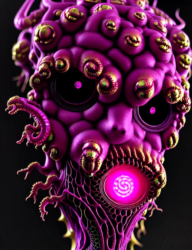 Prompt: complex 3 d render of a beautiful porcelain dark lovecraft horror machine glowing reptile eyes. magenta gold and white, fractal veins, fractal hair, 1 5 0 mm, beautiful natural soft light, rim light, gold fractal details, fine lace, mandelbot fractal anatomical, glass, facial muscles, elegant, ultra detailed, metallic armor, octane render