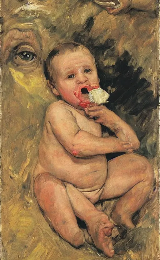 Prompt: baby with a adult face of Putin eating used up diapers covered in brown substance, Putin face of fear, ugly body painted by Lucian Freud, Ilya Repin