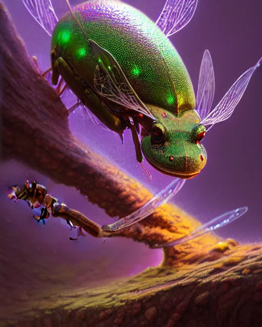 Image similar to dichroic ant axolotl snail toad bug bee fly worm caterpillar fish, (((artstation, concept art, smooth, sharp focus, artgerm, Tomasz Alen Kopera, Peter Mohrbacher, donato giancola, Joseph Christian Leyendecker, WLOP, Boris Vallejo))), octane render, unreal engine, 3d render, , octane render, nvidia raytracing demo, grainy, muted