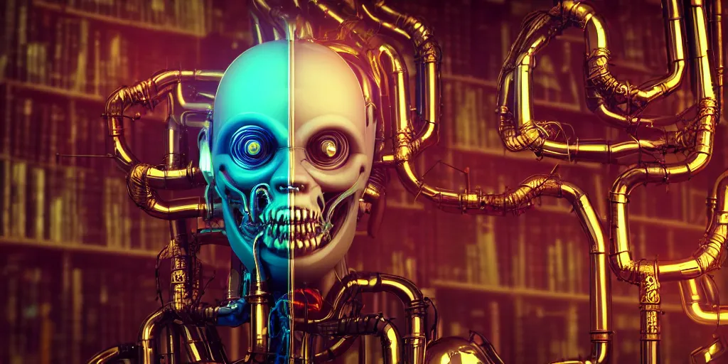 Prompt: A frightening and beautiful evil cyborg head with pipes and tubes and a brain in a library, hyperealistic very colourful hdr cinematic lighting cgi render photorealistic cinematic octane render