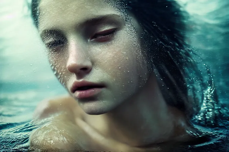 Image similar to an ultra realistic, cinematic, fantasy, portrait, of a beautiful woman, face in water, dramatic, soft light, dreamy, facial features, in the ocean, detailed, deep focus, movie still, dramatic lighting, ray tracing, by michal karcz and yoshitaka amano