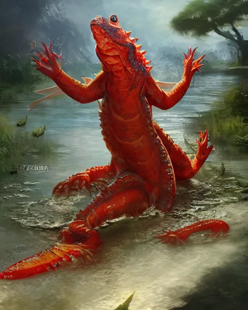 Image similar to game character beautiful giant kaiju sized pond dragon half fish half salamander, wet amphibious skin, red salamander, axolotl creature, koi pond, korean village by Ruan Jia and Gil Elvgren, fullbody