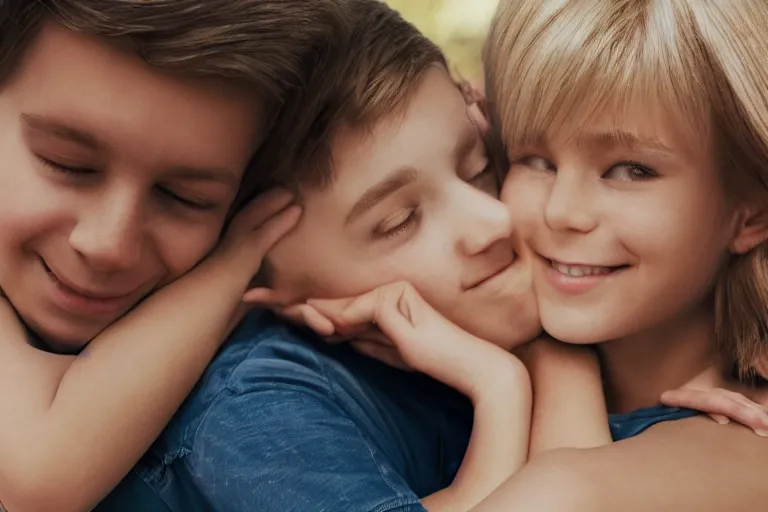 Image similar to blond boy hugging a brunette girl with straight hair, in a park, Polaroid, Closeup, Closeup-View, Octane render, Unreal Engine