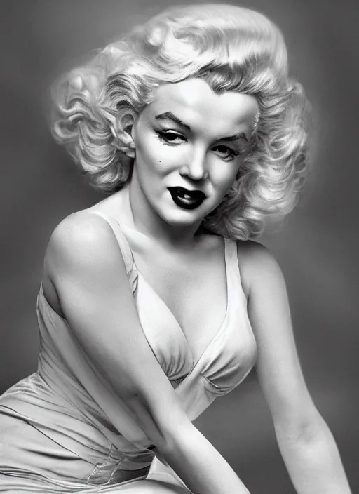 Image similar to Marilyn Monroe for Victorian Secret, full length shot, XF IQ4, 150MP, 50mm, f/1.4, ISO 200, 1/160s, natural light, Adobe Photoshop, Adobe Lightroom, DxO Photolab, Corel PaintShop Pro, rule of thirds, symmetrical balance, depth layering, polarizing filter, Sense of Depth, AI enhanced