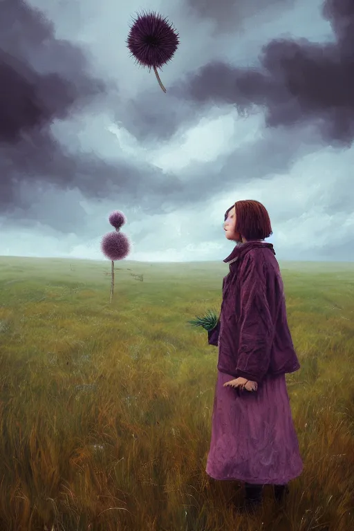 Image similar to portrait, enormous thistle flower head, girl wearing a coat in field, surreal photography, wind, cloudy sky, dramatic light, impressionist painting, digital painting, artstation, simon stalenhag