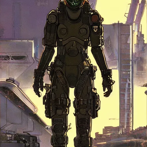 Prompt: Selina. USN special forces futuristic recon operator, cyberpunk military hazmat exo-suit, on patrol in the Australian autonomous zone, deserted city skyline. 2087. Concept art by James Gurney and Alphonso Mucha