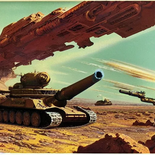 Image similar to tank battalion in the acid plains of mars, 1 9 5 0 s vintage sci - fi art, by bruce pennington