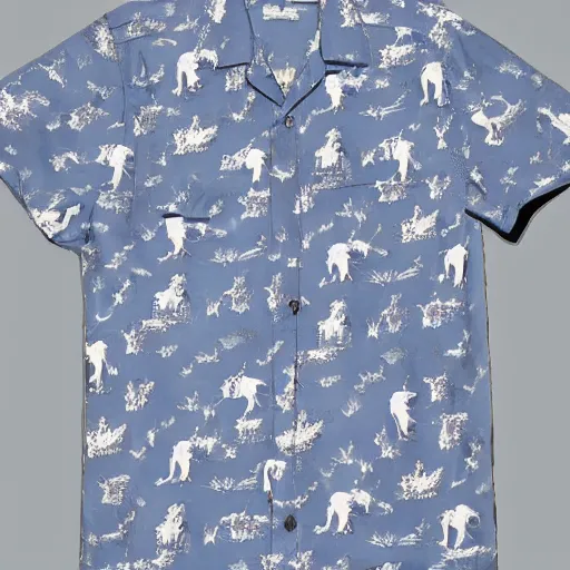Prompt: a gray wolf in a bright blue hawaiian shirt