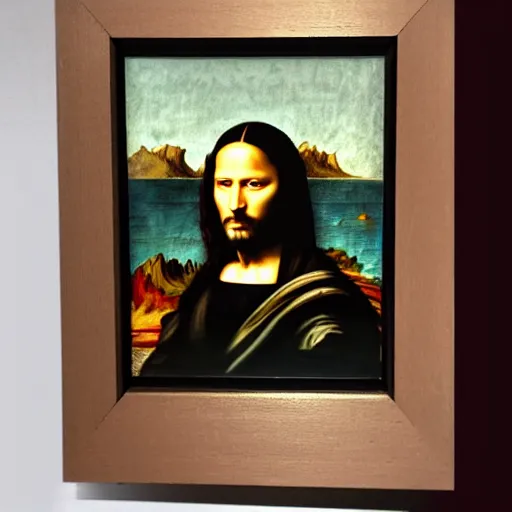 Image similar to painting of keanu reeves with beard in the style of mona lisa, painting by leonardo da vinci, oil on poplar panel, framed louvre painting