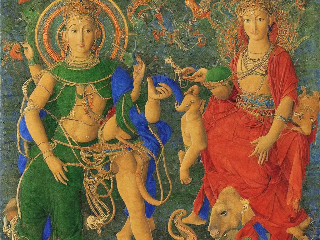 Image similar to Portrait of a Tantric deity with elephant. Lapis Lazuli, malachite, cinnabar. Painting by Fra Filippo Lippi, Agnes Pelton