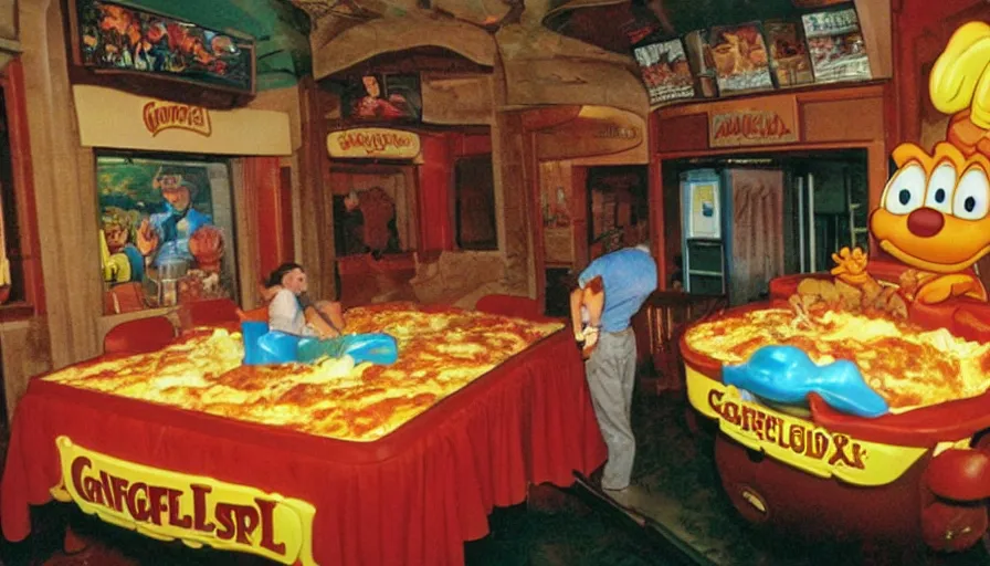 Image similar to 1990s photo of inside the Garfield ride at Universal Studios in Orlando, Florida, riding a plate of Lasagna with Garfield through a living room filled with tons of food, cinematic, UHD