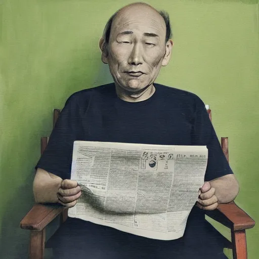Prompt: japanese balding older man sitting in a chair in his room holding a newspaper and looking at the ceiling with green lighting, contrast, scary painting