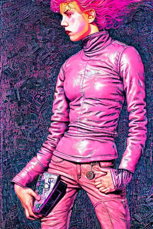 Image similar to dreamy rock girl, pink leather outfit, detailed acrylic, grunge, intricate complexity, by dan mumford and by alberto giacometti, peter lindbergh, malevich, william stout